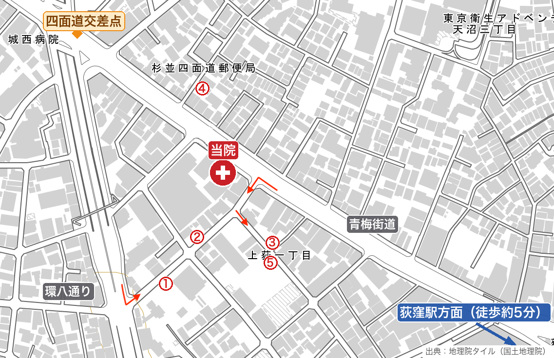 当院（荻窪ツイン動物病院）と提携コインパーキング①〜⑤の正確な位置、各駐車場の入口・進入方向（赤い矢印）、四面道交差点・青梅街道・環八通り・一方通行の向きを示した詳細マップ